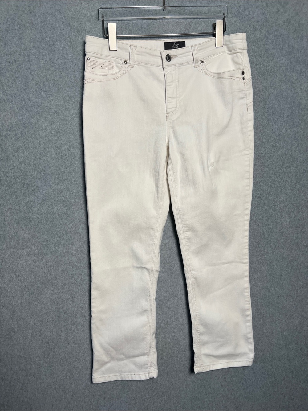 Chicos So Lifting White Denim Bedazzled Straight Leg Jeans Size 1